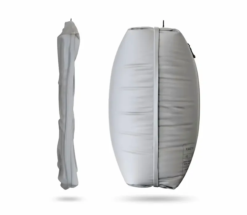 Side view of an Aerless bag fully compressed and flat next to an inflated uncompressed bag